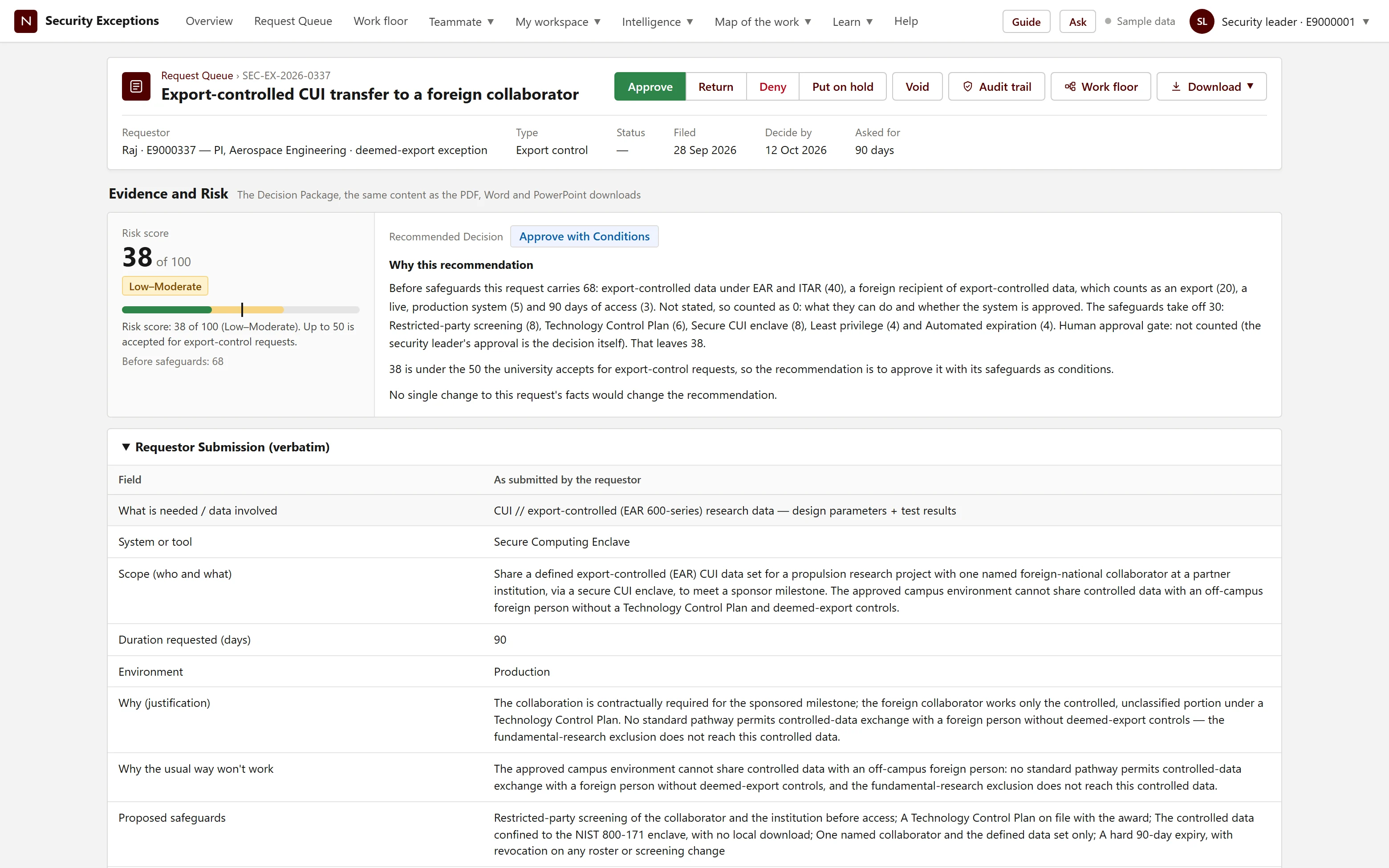 A worked security-exception request with recommendation and step record